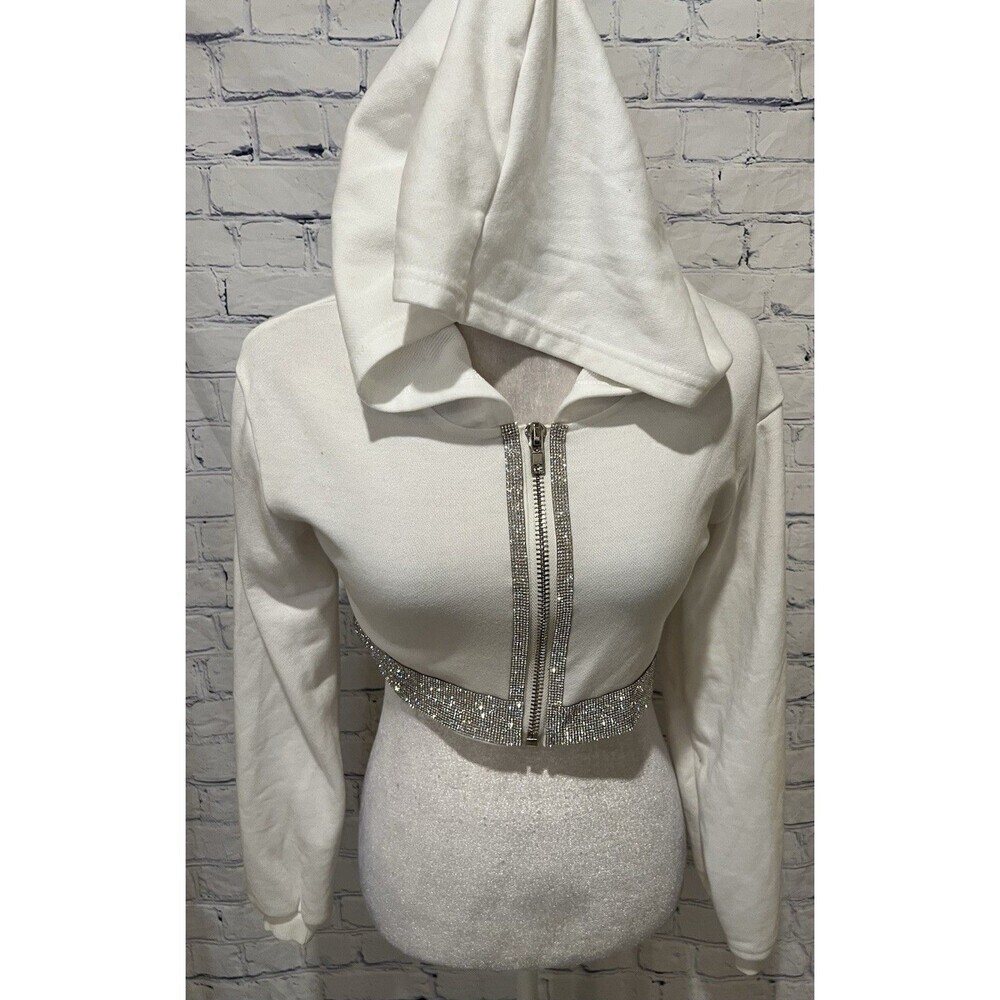 Hot & Delicious Bedazzled Rhinestone Cropped Long Sleeve Hoodie Size Small